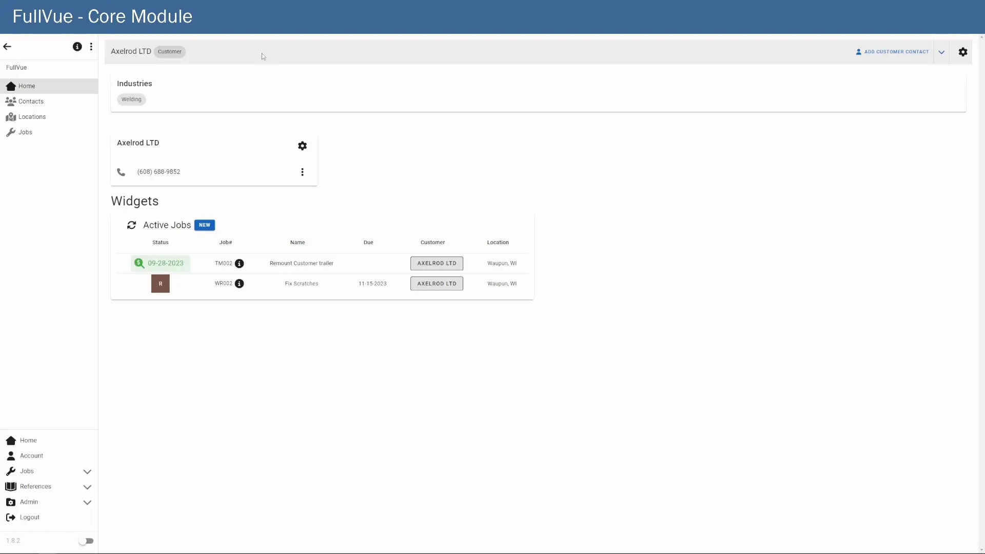 FullVue customers dashboard with contact and site details