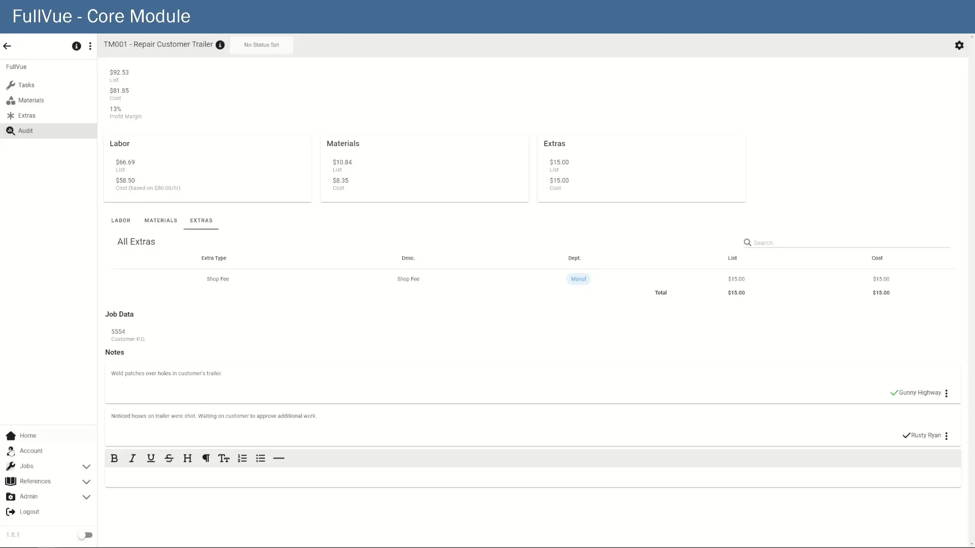 FullVue jobs dashboard listing active jobs with status and customer context