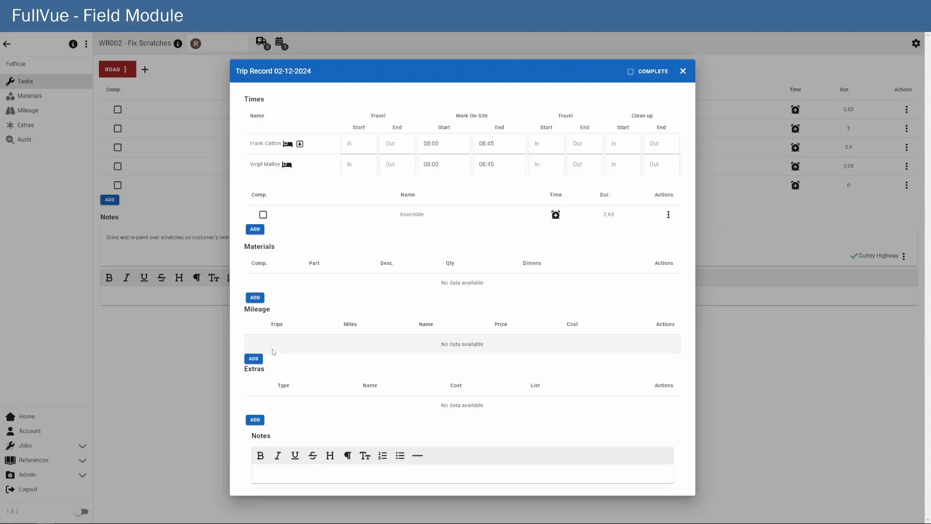 FullVue field view with road sheets and job schedule for crews