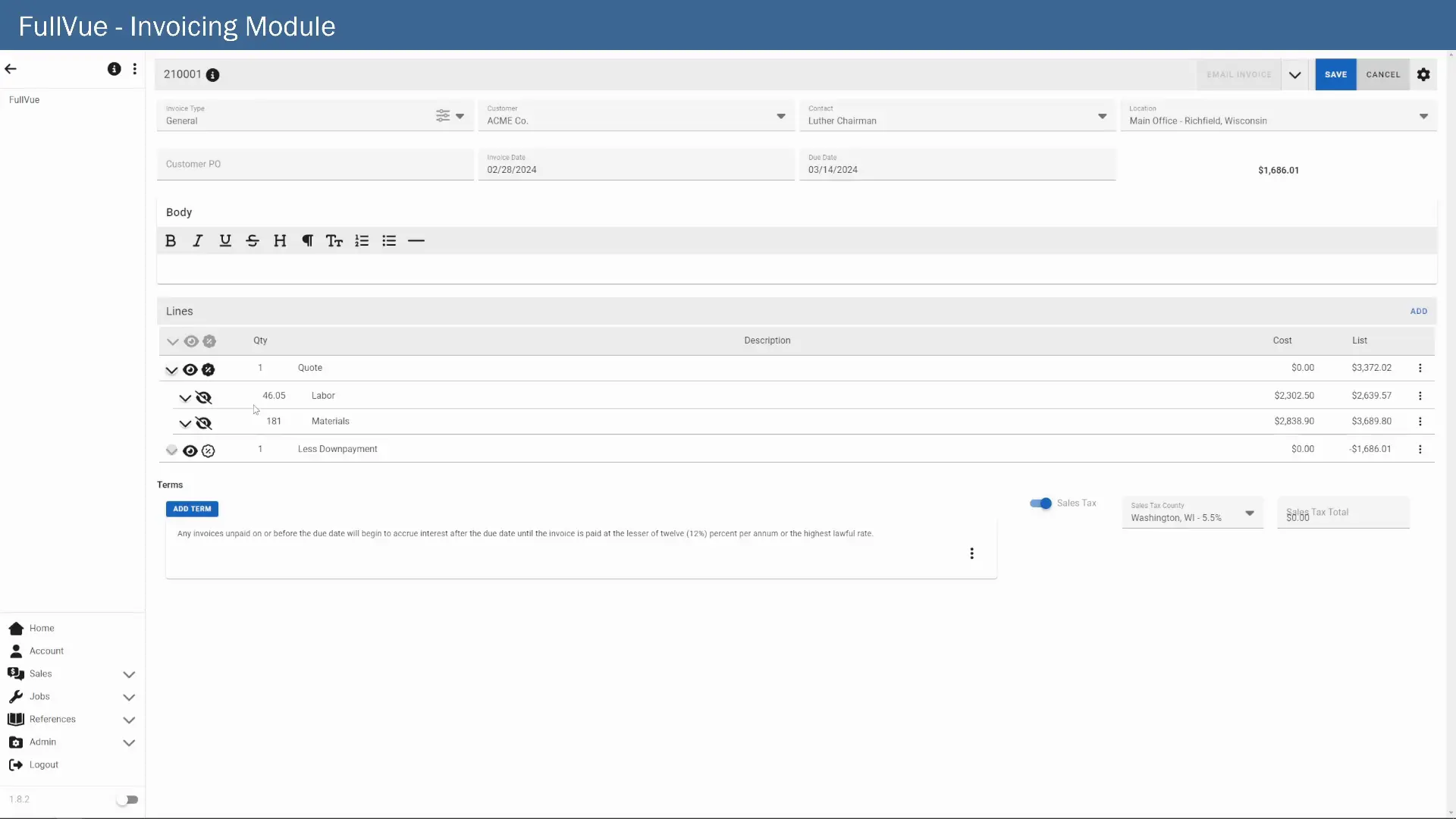 FullVue invoice built from recorded job data