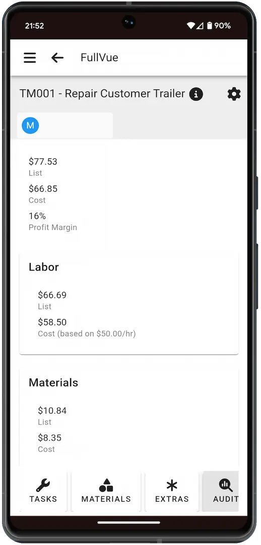 FullVue cost sheet on a phone for crews in the field