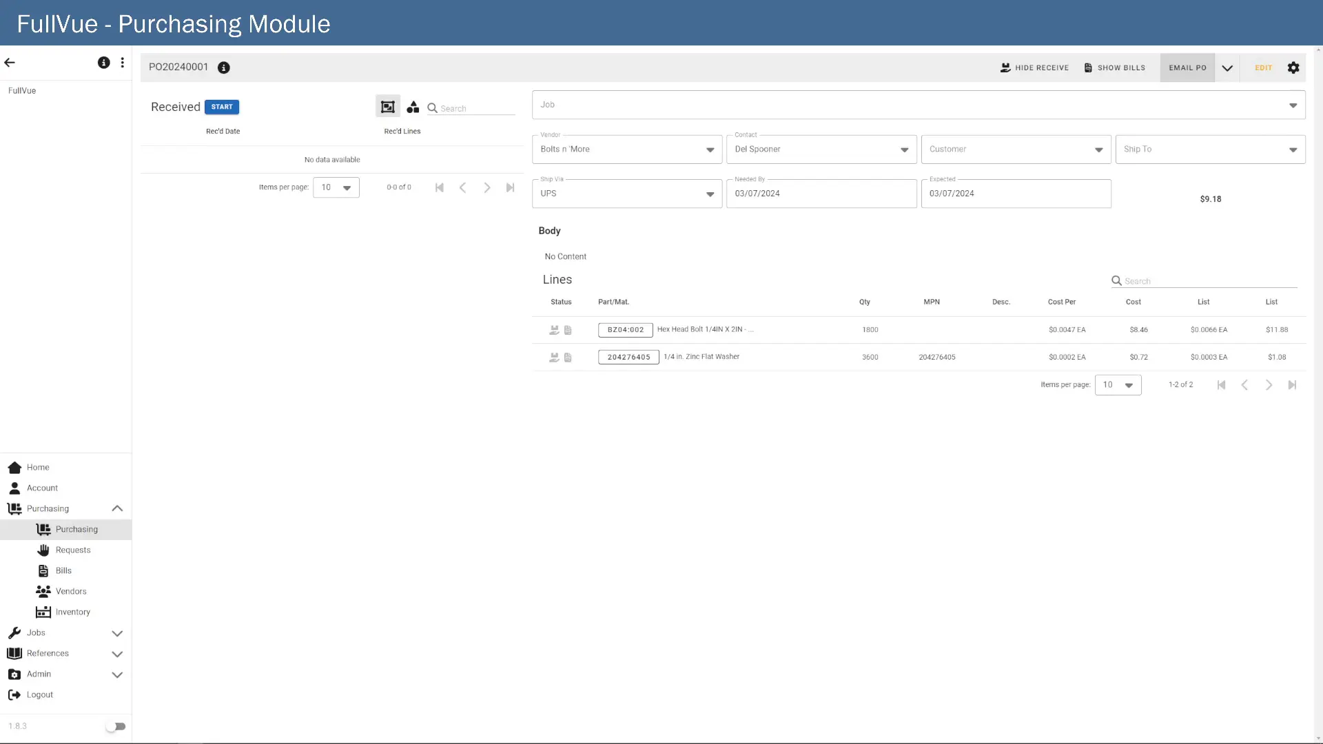 FullVue purchase orders tied to vendors and inventory